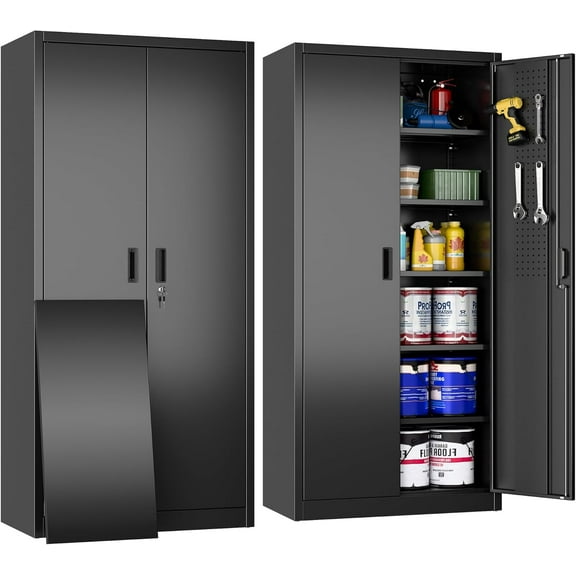 Lockable Garage Storage Cabinet with 5 Adjustable Shelves, 71" H Black Metal Storage Cabinet with 2 Pegboard Doos for Garage, Home, Assembly Required, Black