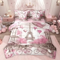 Feelyou Paris Eiffel Tower Bedding Comforter Set 7pcs, Pink Blossoms Flower Queen Bedding Sets, Romantic Valentine's Day Reversible Queen Sheet Sets, Microfiber Bedroom Decor
