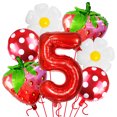 thumbnail image 1 of Set de globos con diseño de fresa y margarita, 7 unidades, con número 5, para fiestas, 1 of 1