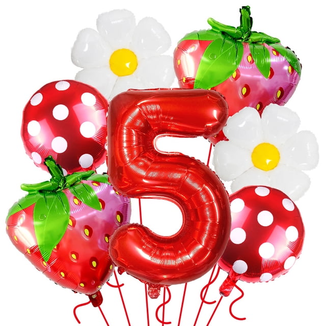 Set de globos con diseño de fresa y margarita, 7 unidades, con número 5, para fiestas