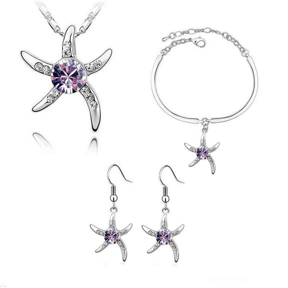 KATGI Fashion Starfish Crystals Necklace, Bracelet, and Earrings 3 Pieces Set