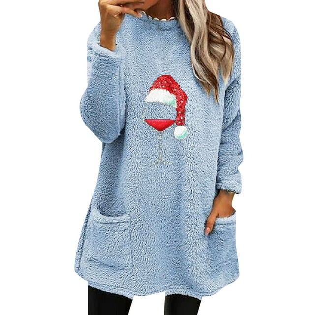 toraway Chandails à Col Rond pour Femmes Graphique Vintage Haut en Peluche Col Rond Manches Longues Poche Imprimé de Noël Automne et Hiver Ample Décontracté Sweatshirt L