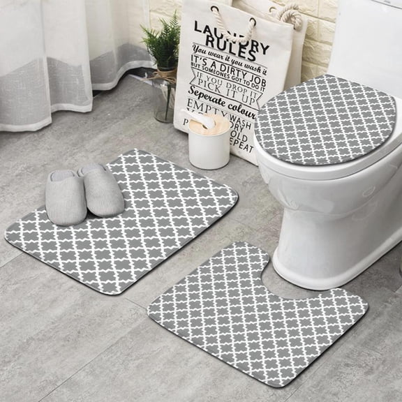 Gray and White Geometric Lattice Pattern Bathroom Rugs Sets 3 Piece,Toilet Cover Set,Absorbent Non Slip Bathroom Mats Sets with U-Shaped Contour Rug Toilet Rug Set