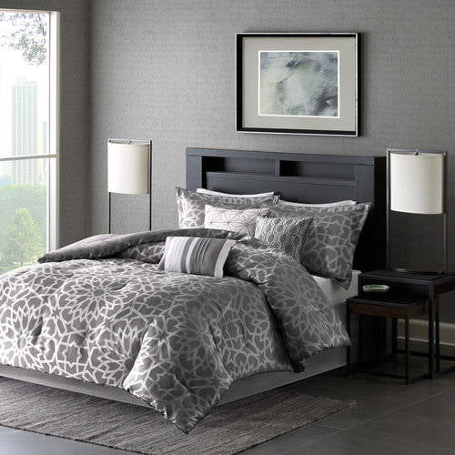 Luxurious 7-Piece Modern Geometric Gray Down Alternative Comforter Set New. 