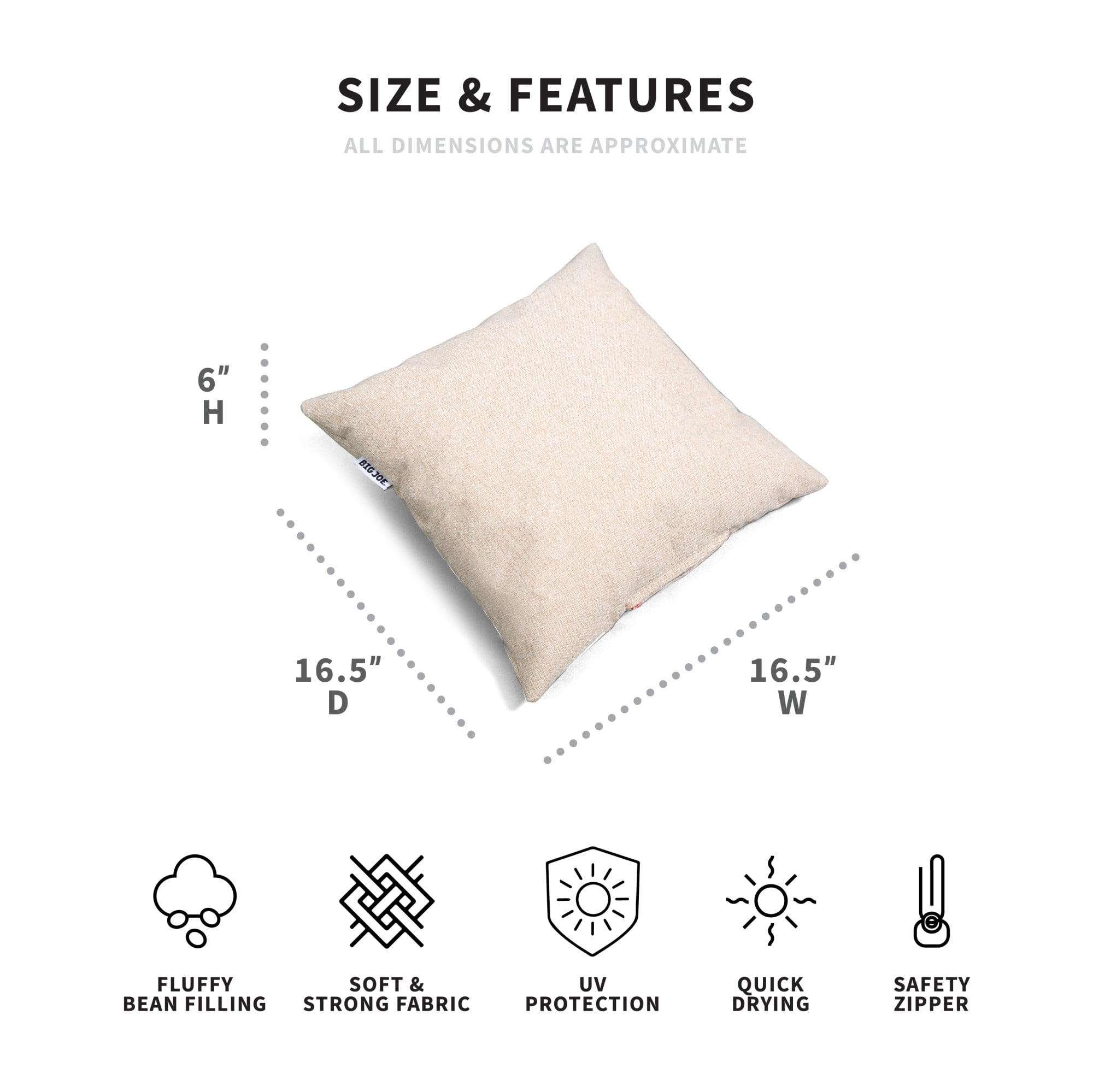 Big Joe Square Pillow Weatherproof Bean Bag Decor, Natural Intertwist, Weather Resistant UV-Protected Fabric, 16 inches