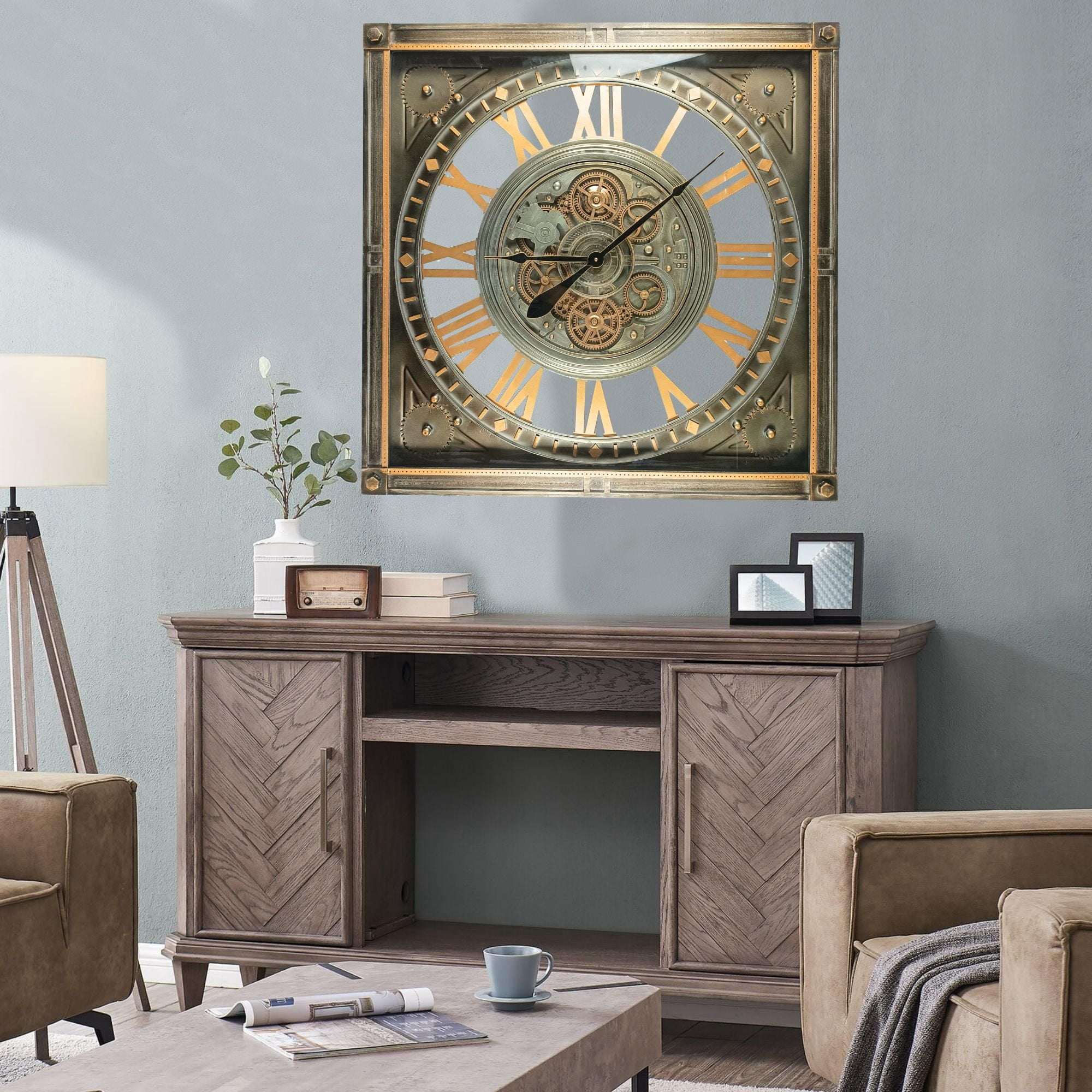 THE GEARS CLOCK Wall Clock with Real Moving Gears LU-LI_ 32 in Square SILVER-ANTIQUE