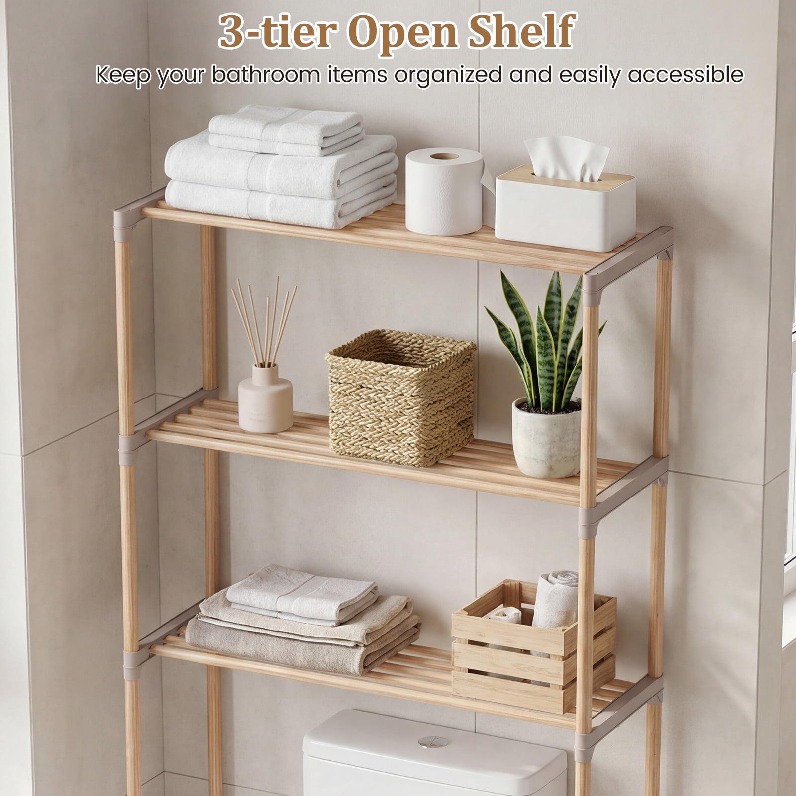 Gymax Over The Toilet Storage Rack 3-Tier Pine Wood Bathroom Organizer w/ Open Shelves
