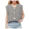 thumbnail image 2 of RMGVDSD Women's Cropped Sweater Vest Cute Crewneck Button Down Sleeveless Crop Knit Cardigan With Pockets Solid Color Knit Pullover Sweater Tops /Grey, 2 of 7