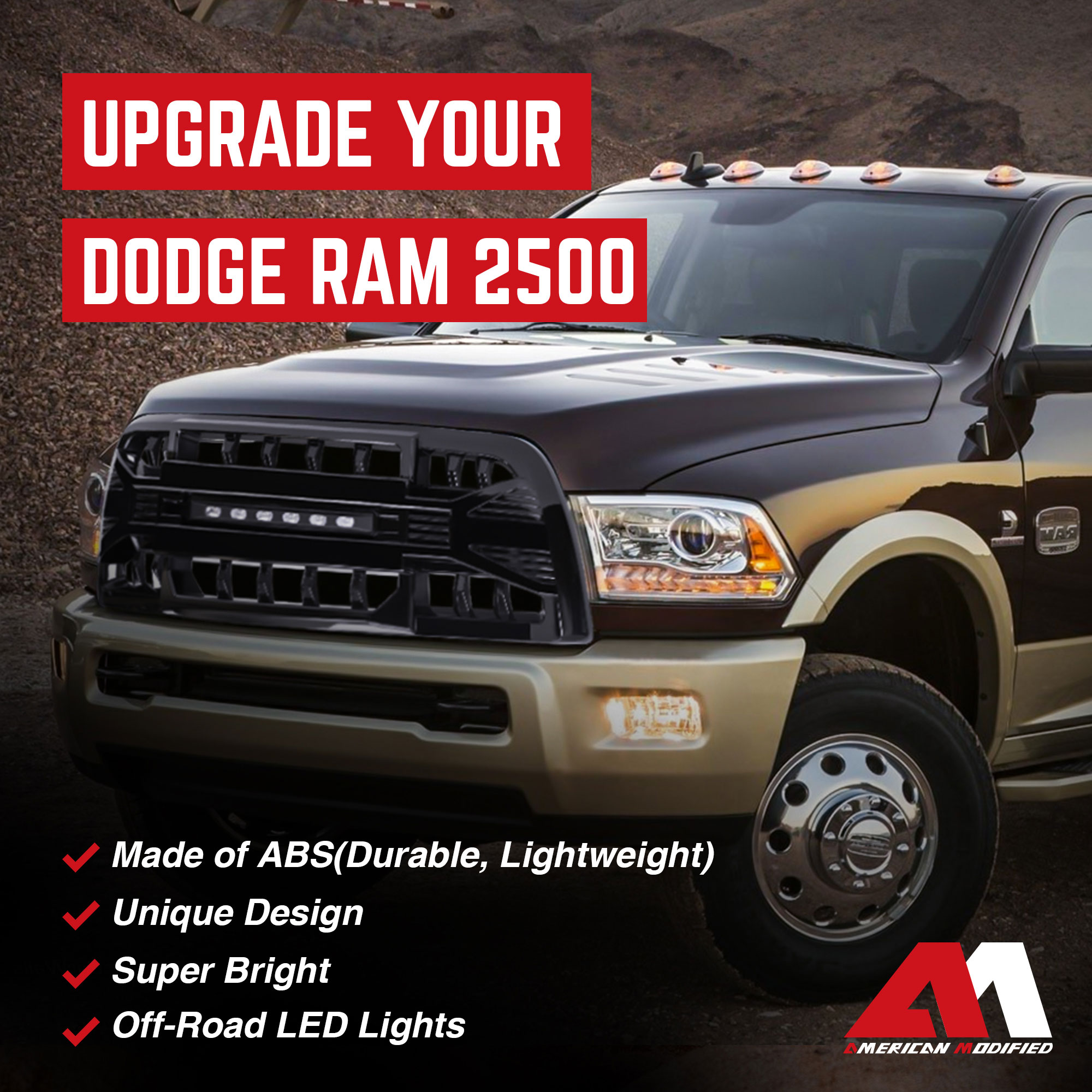 AMERICAN MODIFIED Armor Grille for 13-18 Dodge Ram 2500/3500, Glossy Black