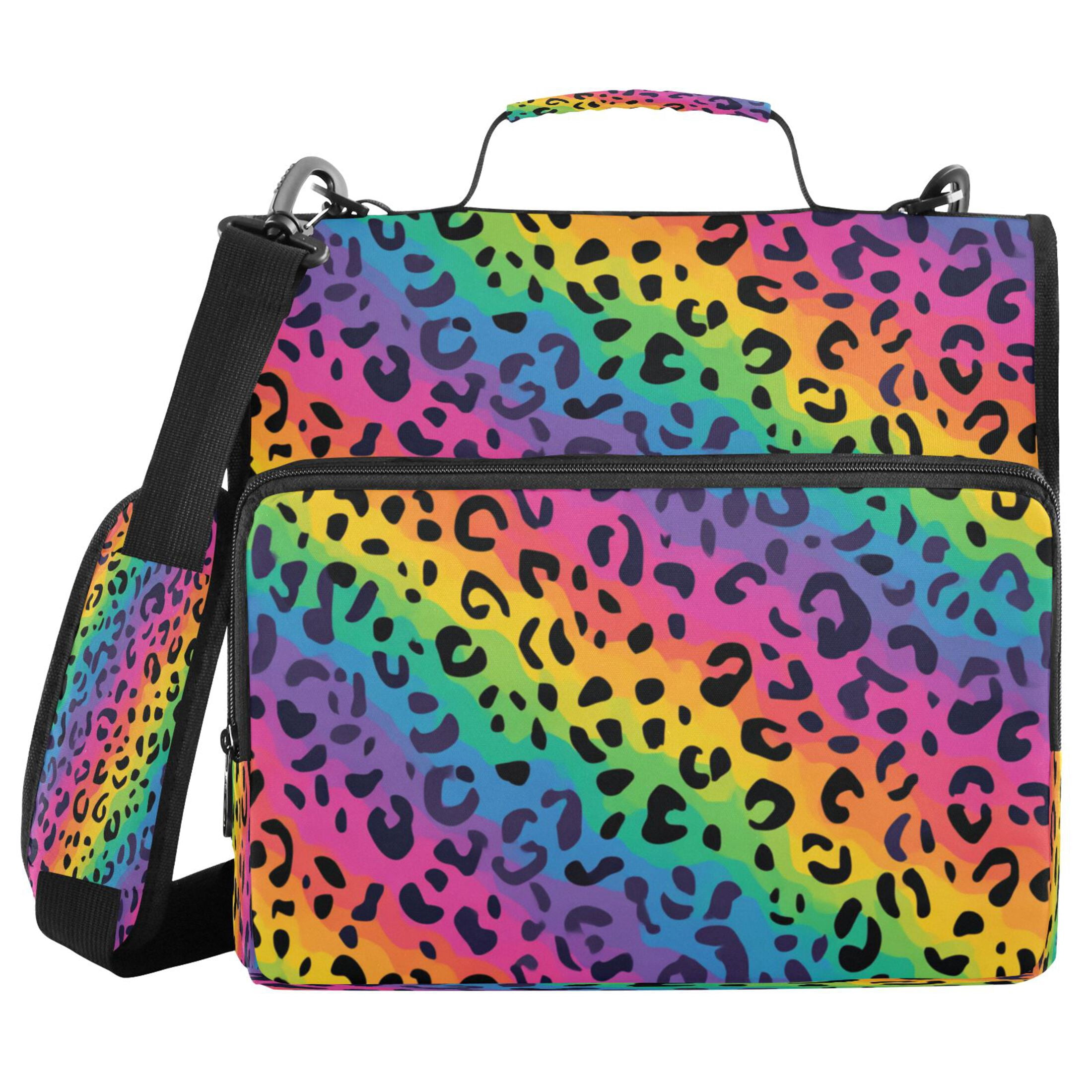 3 Ring Zipper Binder Stationery Organizer for Study Work Home Travel, All-Purpose File Folder Storage Bag for Daily Document Organization Bright Rainbow Stripe Cheetah Print