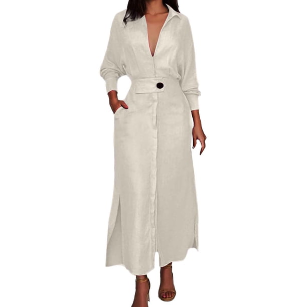Vestido liso de mujer con cinturón, manga larga y escote en V profundo, poliéster y spandex, estilo informal y elegante, tallas S-XXXL