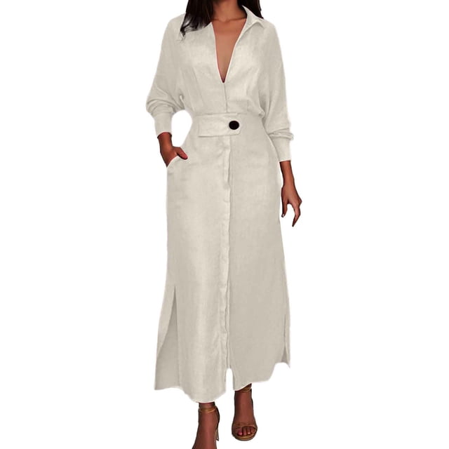 Vestido liso de mujer con cinturón, manga larga y escote en V profundo, poliéster y spandex, estilo informal y elegante, tallas S-XXXL