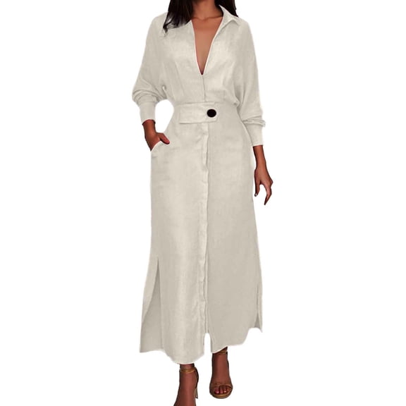 OSOLU Dresses Women Solid Color Casual Tie Waist Long Sleeve Deep V-Neck Dress Classic Sundress Flowy Vacation Dress