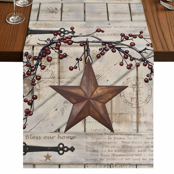 Table Runners 36 Inches Long Dress Scarves, Texas Star Vintage Farmhouse Kitchen/Dining Table Runner, Short Coffee Tablerunners, Brown Retro Berry Beige Wooden 13x36 Inch