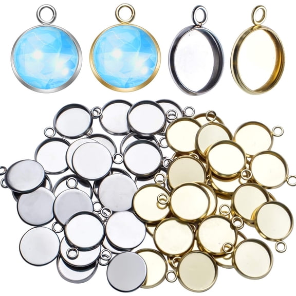 Stainless Steel Bezel Pendant Round Blank Trays, 50 Pcs - Cabochon Settings for Necklace & Earring DIY Jewelry Making