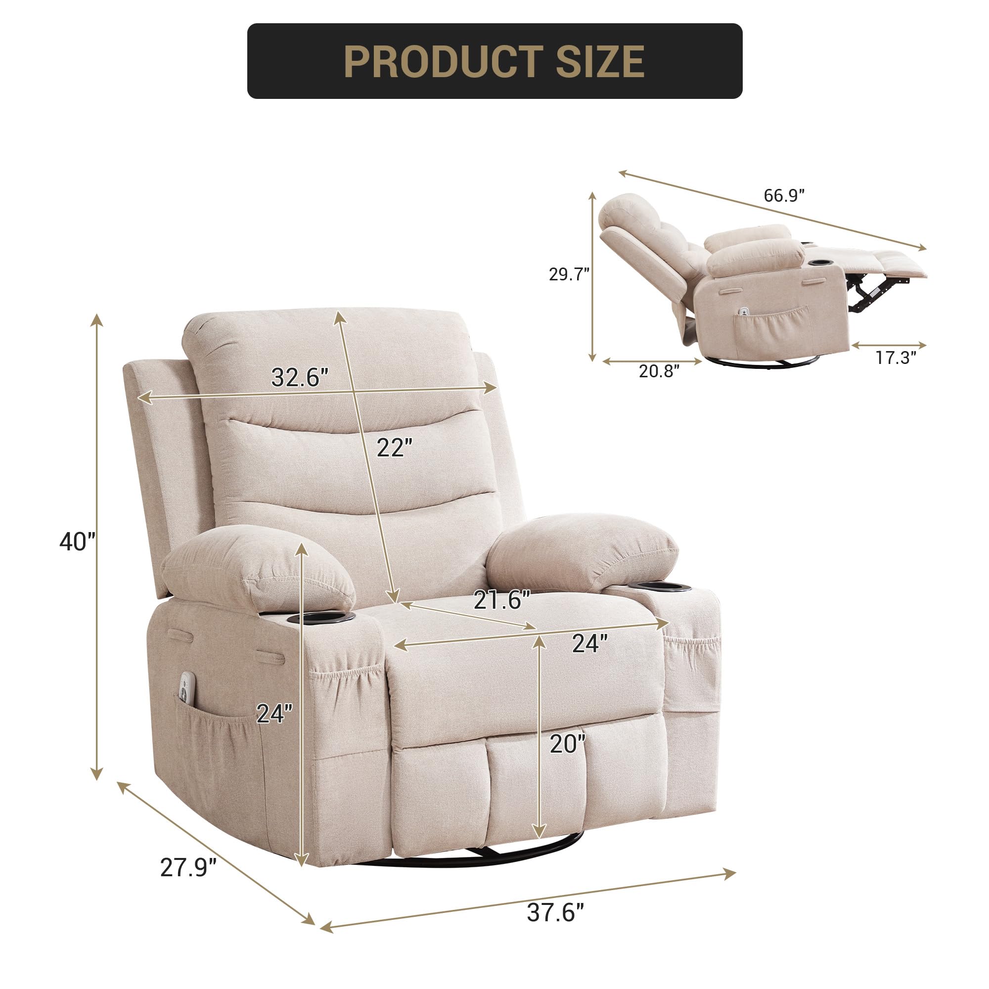 Recliner Chair Nursery, Oversized Manual Reclining Rocking Chair, 360 Swivel Glider with Cup Holder, Massage and Heat Recliner, Indoor Small Single Sofa Chairs for Adults RV Bedroom, Beige/Grey/Brown