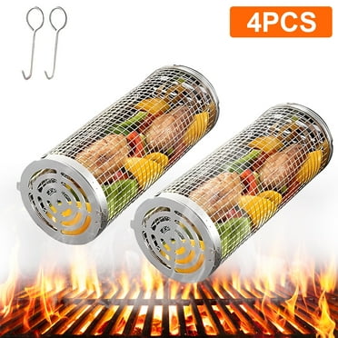 KAMIDA BBQ Rolling Grilling Baskets set for Outdoor, Grill Bbq Net Tube Stainless Steel Large Round Mesh Barbecue Cylinder Cage Cooking Accessories for Veggies Vegetable Fish Camping