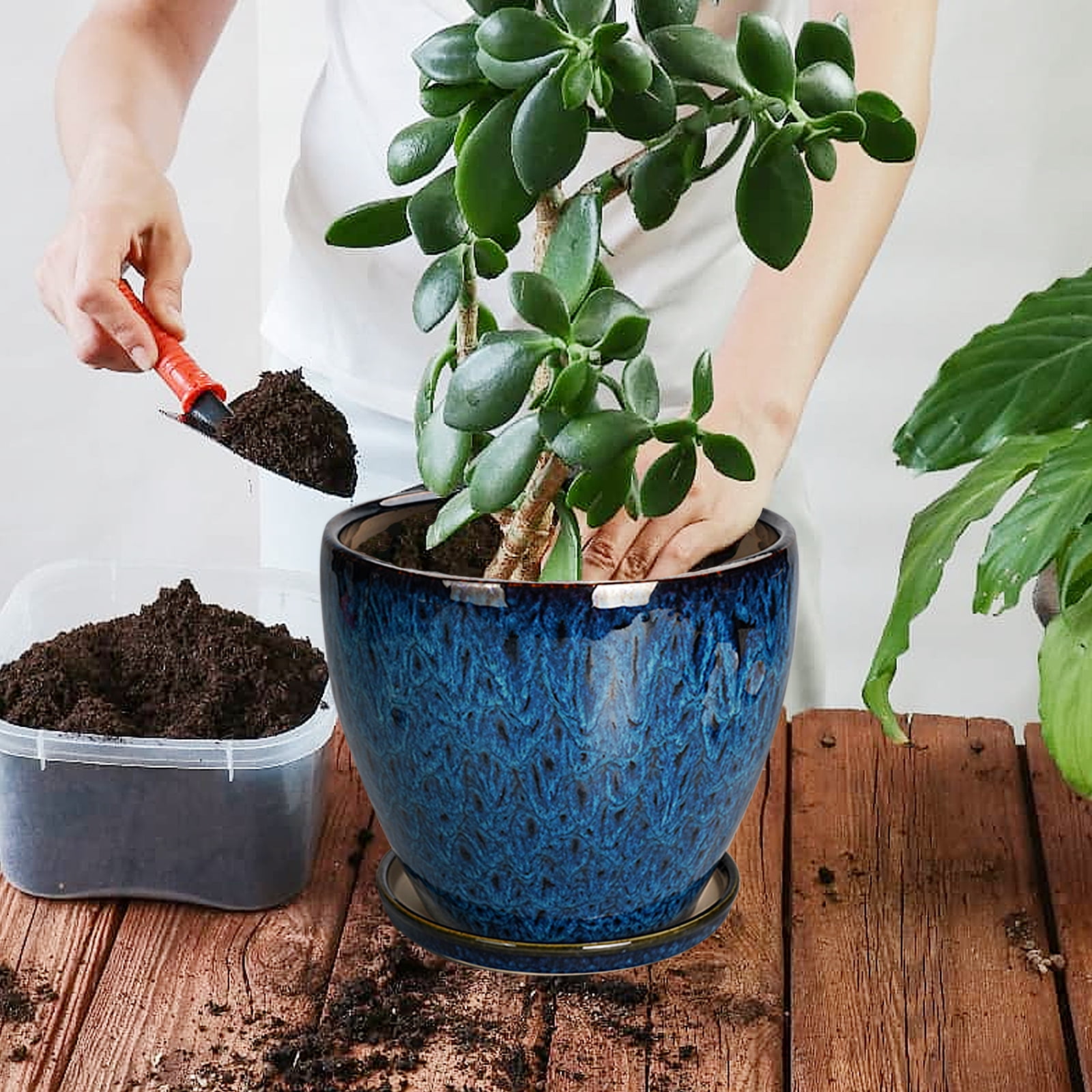 EPFamily 8 inch Blue Ceramic Pot for Plants, Round Ceramic Planter with Saucer & Drainage for Indoor Outdoor, Home Decor & Patio, Reactive Glaze