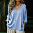 thumbnail image 4 of Duoif Women's Casual V Neck Batwing Long Sleeve Blouse Shirt Batwing Off Shoulder Top for Women Versatile V Neck Slit Long Sleeve Top Light Blue XL, 4 of 5