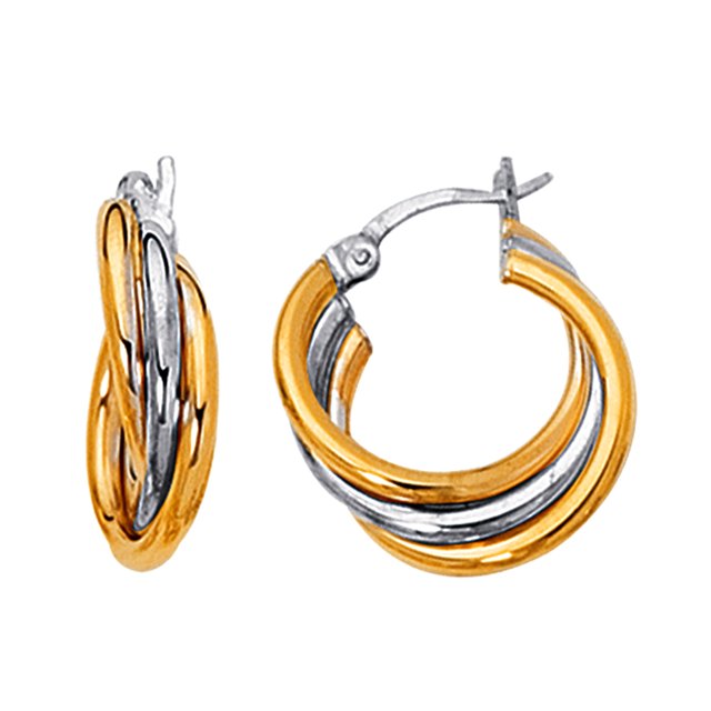 Boucles d'Oreilles Créoles Triple Rangée Bicolore en Or Jaune et Blanc 14K, Diamètre 20mm