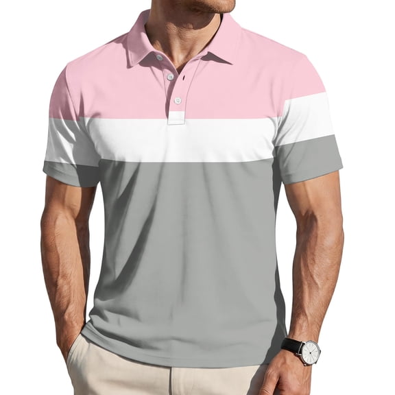 Uwinwear Men's Polo Shirts Striped printed Short Sleeve Casual Polo Shirts Slim Fit Golf Shirts Big and Tall Summer Outdoor Lightweight Tops,Pink,S