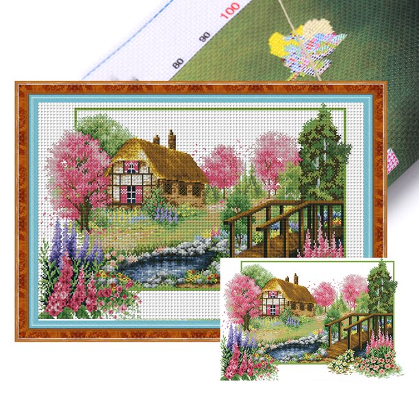 Hilo Algodón Bordado 14CT Impreso Estaciones Primavera Punto Cruz 55x38cm