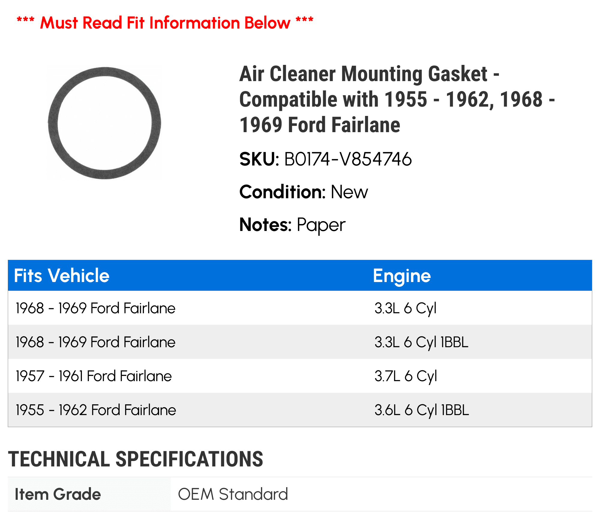 Air Cleaner Mounting Gasket Compatible With Chevrolet Bel Air 1969 1968