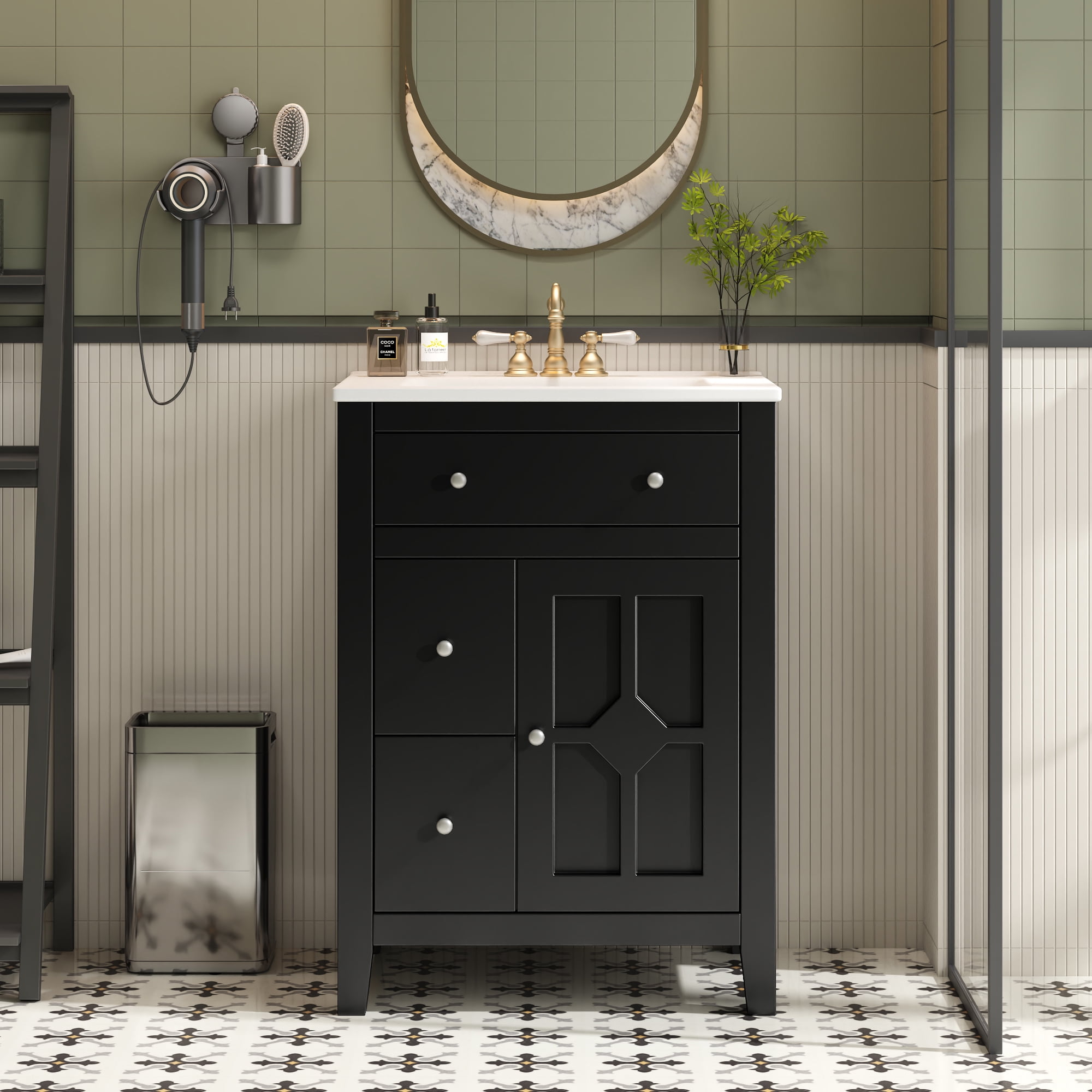 Harper & Bright Designs 24" Small Bathroom Vanity Set, Modern Bathroom Cabinet Freestanding with Drawers, Single Sink Bathroom Vanity, Black