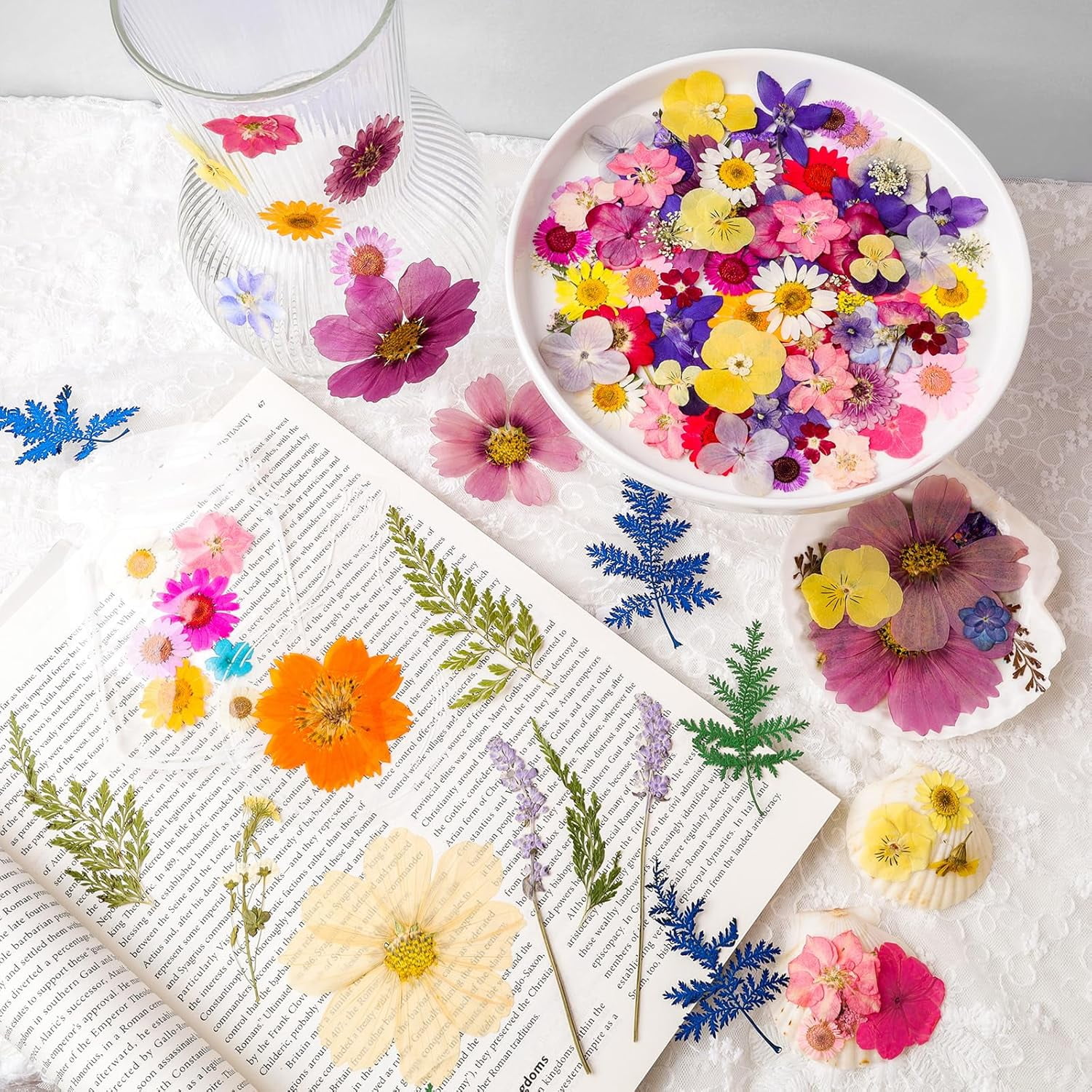 Dried Pressed Flowers Real Pressed Flowers Natural Dry Leaves Bulk Mixed Colorful Herbs Kit with Tweezers for Scrapbooking DIY Candle Jewelry Crafts Making Nails