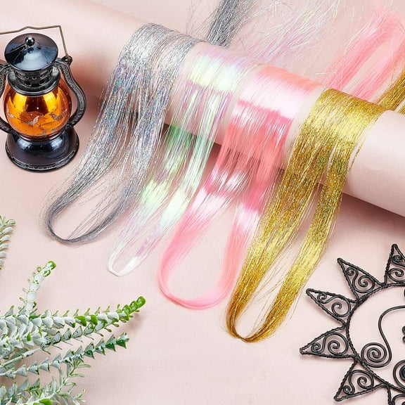 1120 Strands Hair Tinsel 41 Inch 4 Colors Glitter Hair Tinsel Extensions Sparkling Shiny Hair Tinsel Strands Fairy Hair Tinsel Kit