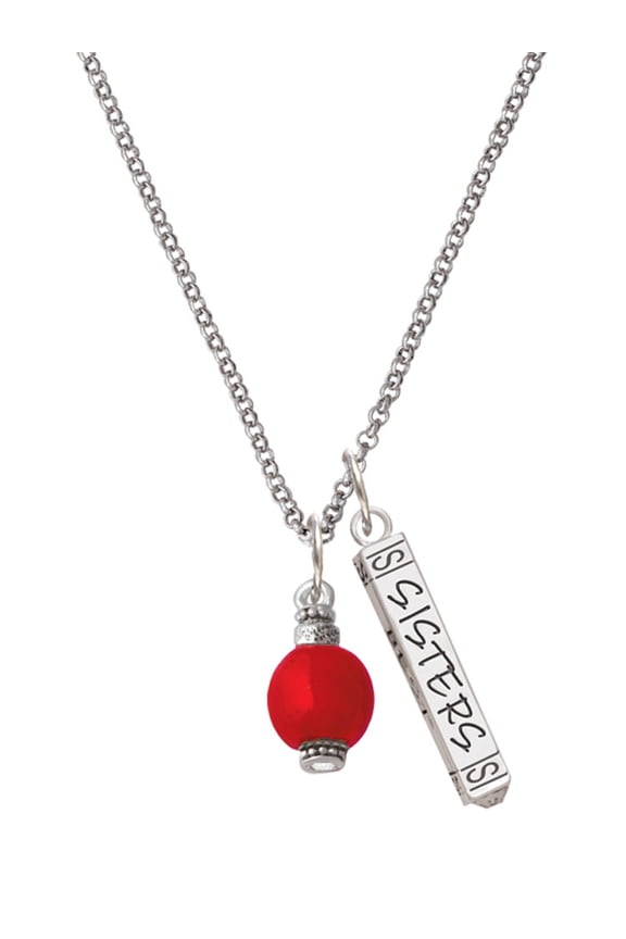 Silvertone Red Chinese Lantern with Clear Crystal Silvertone Sisters Best Friends Forever Bar Charm Necklace, 23"