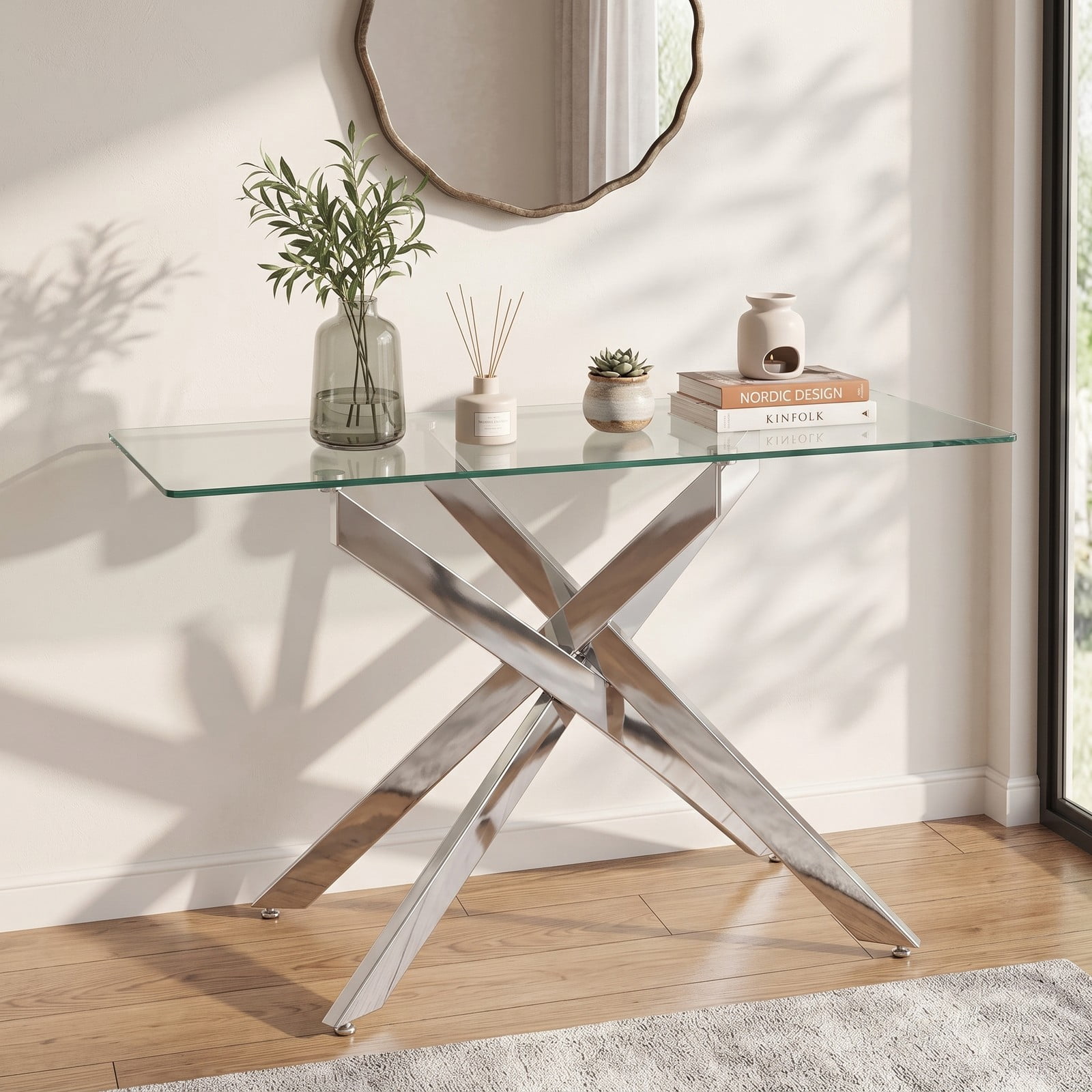 Furnibear Glass Console Table with Clear Tempered Glass Top and Chromed Metal X Legs for Entryway and Living Room, Silver
