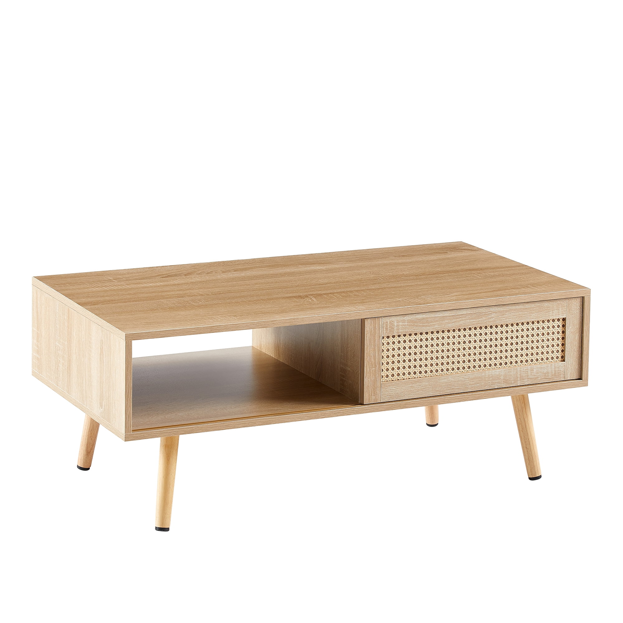 MAYEERTY 41.34" Rattan Coffee Table with Sliding Door, Solid Wood Legs, Natural
