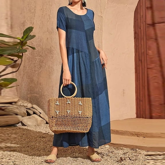 TaTaai Women's Short Sleeve Maxi Dress Round Neck Paneled Loose Fit Casual Ankle Length Solid Color Everyday Summer Dress Gift