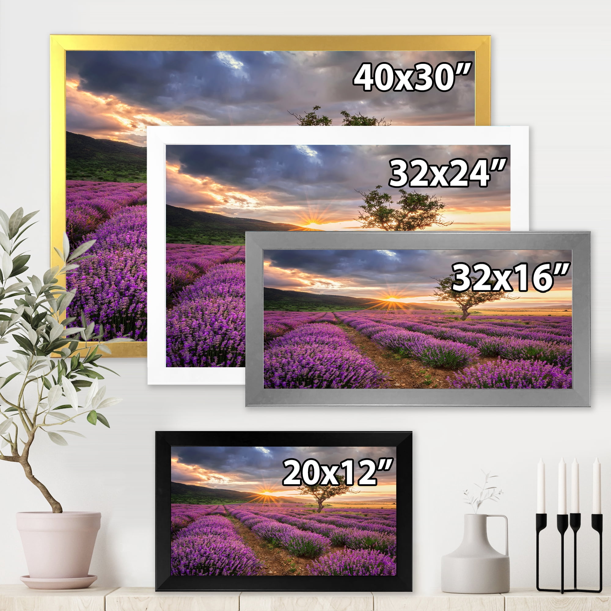 Designart 'Dramatic Clouds and Sunrise Over Lavender Field VIII' Farmhouse Framed Art Print