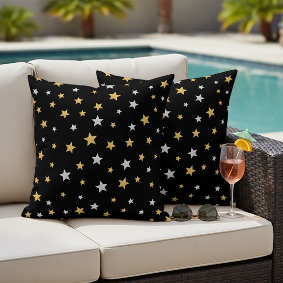 Modern Art Outdoor Waterproof Throw Pillow Covers Set of 2, 26"x26", Simple White Yellow Stars Texture Black Background Decorative Pillow Covers Outside Cushion Case for Patio Porch Garden