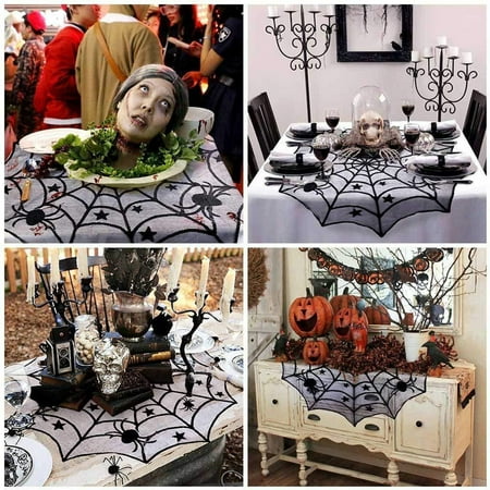 

SDJMa Halloween Lace Tablecloth Black Lace Table Topper with Spider Web Halloween Table Decoration Parties Scary Movie Nights 40 Inch