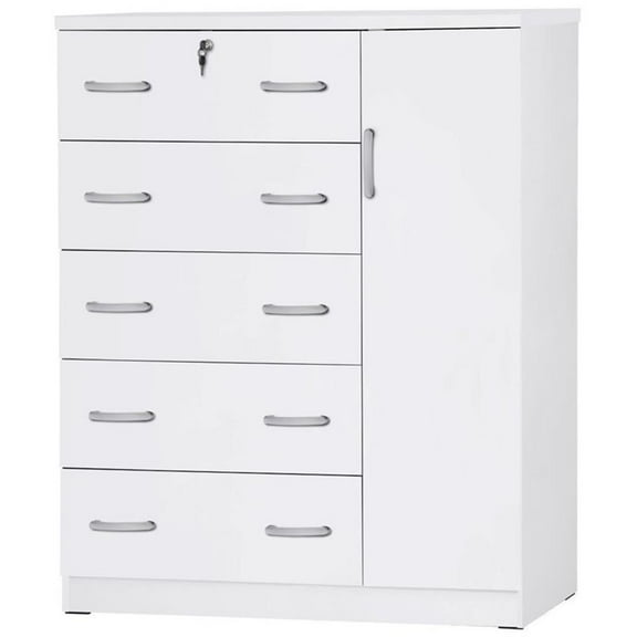 Pemberly Row Modern 5 Drawer Wooden Tall Chest Wardrobe in White