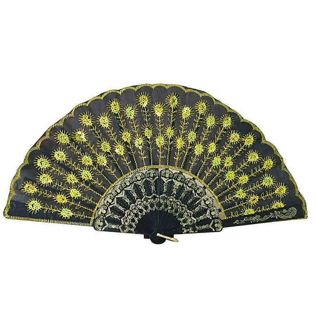 Fashionable Sequins Fan Handmade Dance Hand Fans for Performance Stage Show (Yellow)