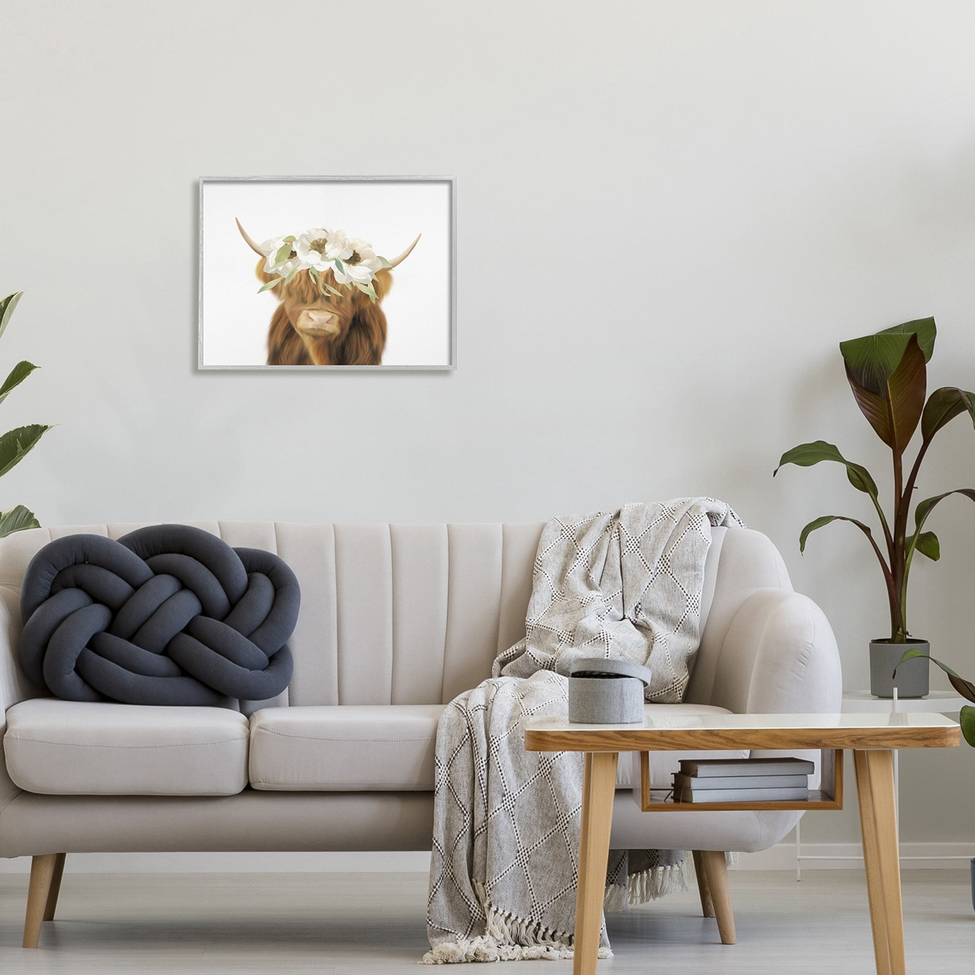 Stupell Industries Highland Cattle White Flower Crown Minimal Design , 20 x 16, Design by Leah Straatsma