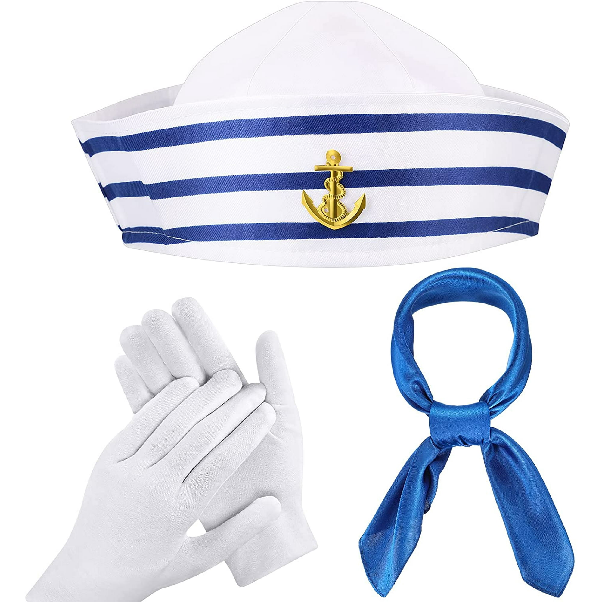 3 Pieces Blue with White Sailor Hat Navy Sailor Yacht Hat Blue Satin Scarf Silk Feeling Sailor Neck Scarf White Sailor Gloves Set for Costume Party Accessory Walmart