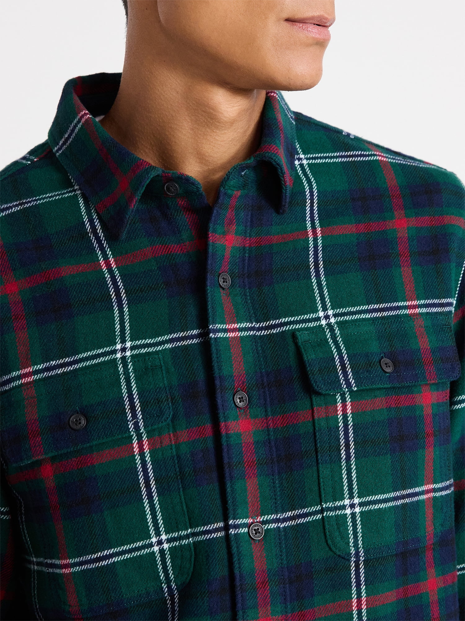 Free Assembly Men's Two Pocket Cotton Flannel Shirt with Long Sleeves, Sizes XS-3XL