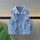 thumbnail image 1 of Chaqueta vaquera con capucha sin mangas y hombros descubiertos para niños, de poliéster, con solapa y hombros descubiertos, informal, versátil y a la moda., 1 of 9