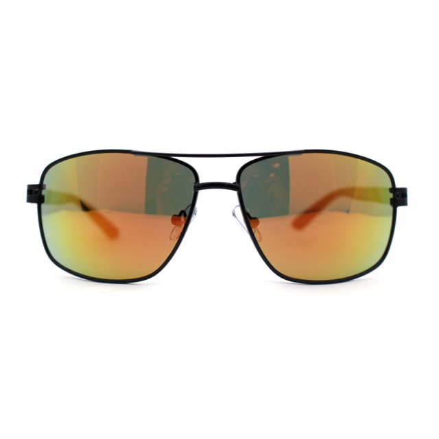 Classic Mens Rectangular Metal Rim Aviator Sunglasses Black Orange Mirror