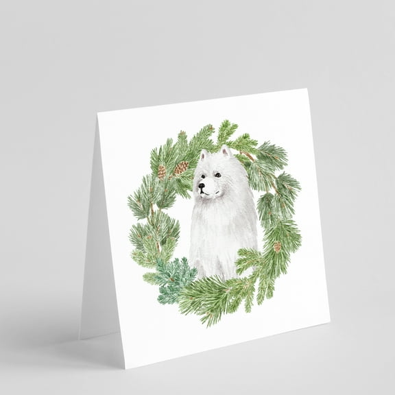 Samoyed Sitting with Christmas Wreath Square Greeting Cards and Envelopes Pack of 8 5 in x 5 in