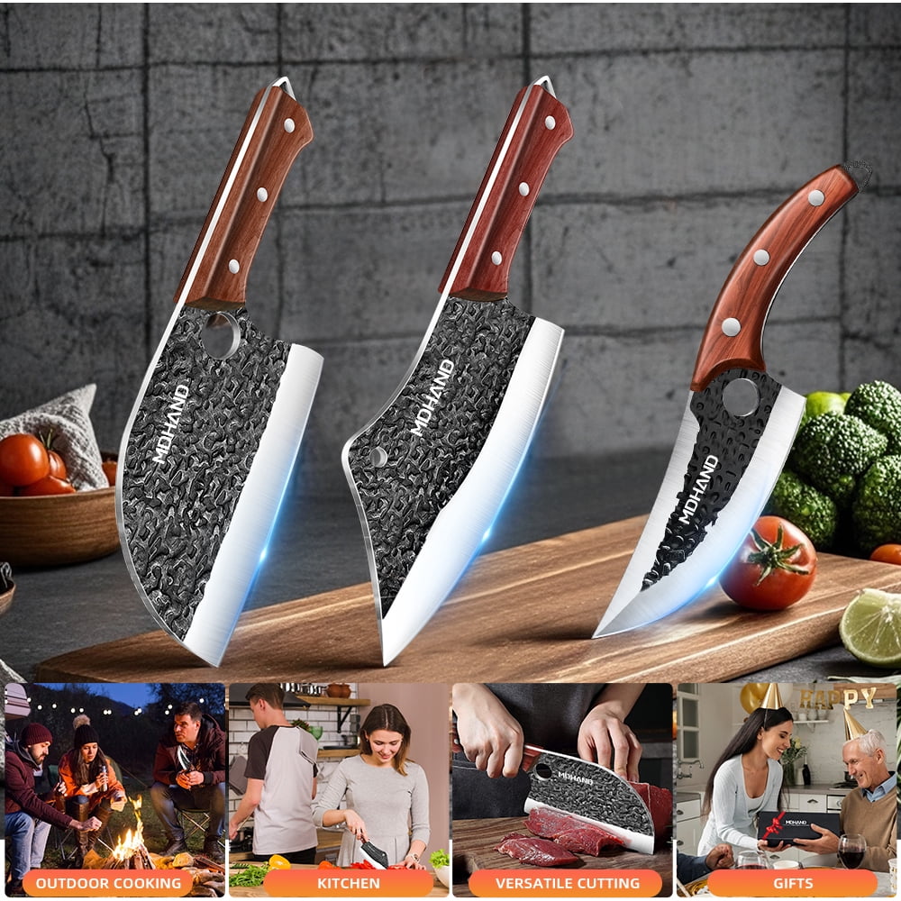 MDHAND Hand Forged Chef Knife Set 4 Piece Serbian Kitchen Cleaver High Carbon Steel Wood Handle Gift Box