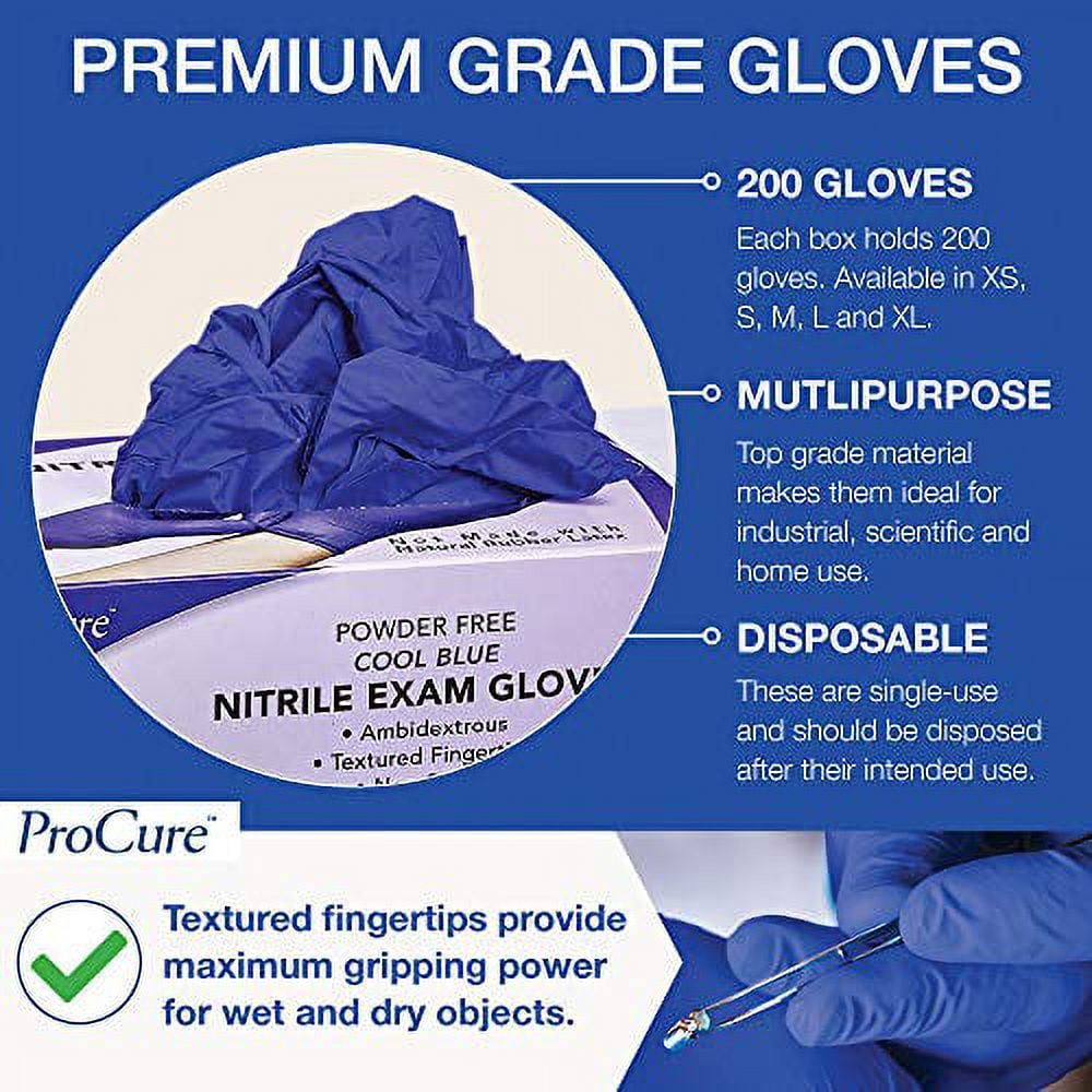 ProCure Disposable Nitrile Gloves - 400 Count, Large - Powder Free, Rubber Latex Free, Medical Exam Grade, Non Sterile, Ambidextrous - Soft with Textured Tips - Cool Blue