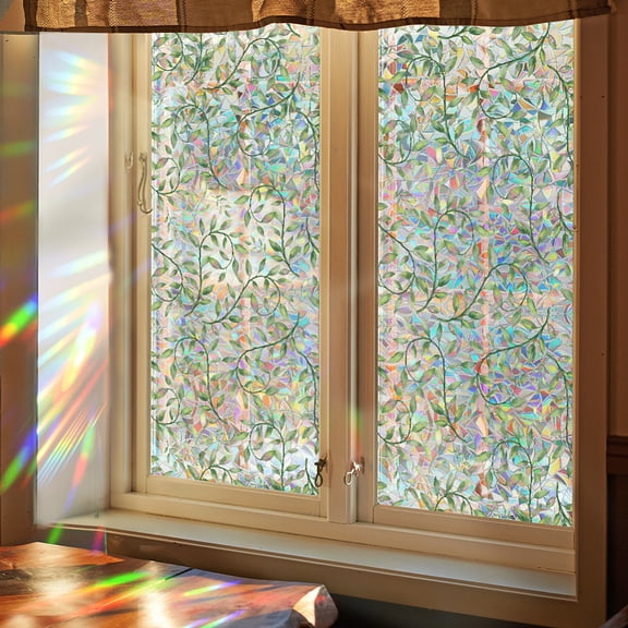 39.4x17 Inch Leaves Vine Rainbow Window Privacy Film Large 3D Sun Blocking Stained Window Glass Decorative Window Cling Non-Adhesive Static UV