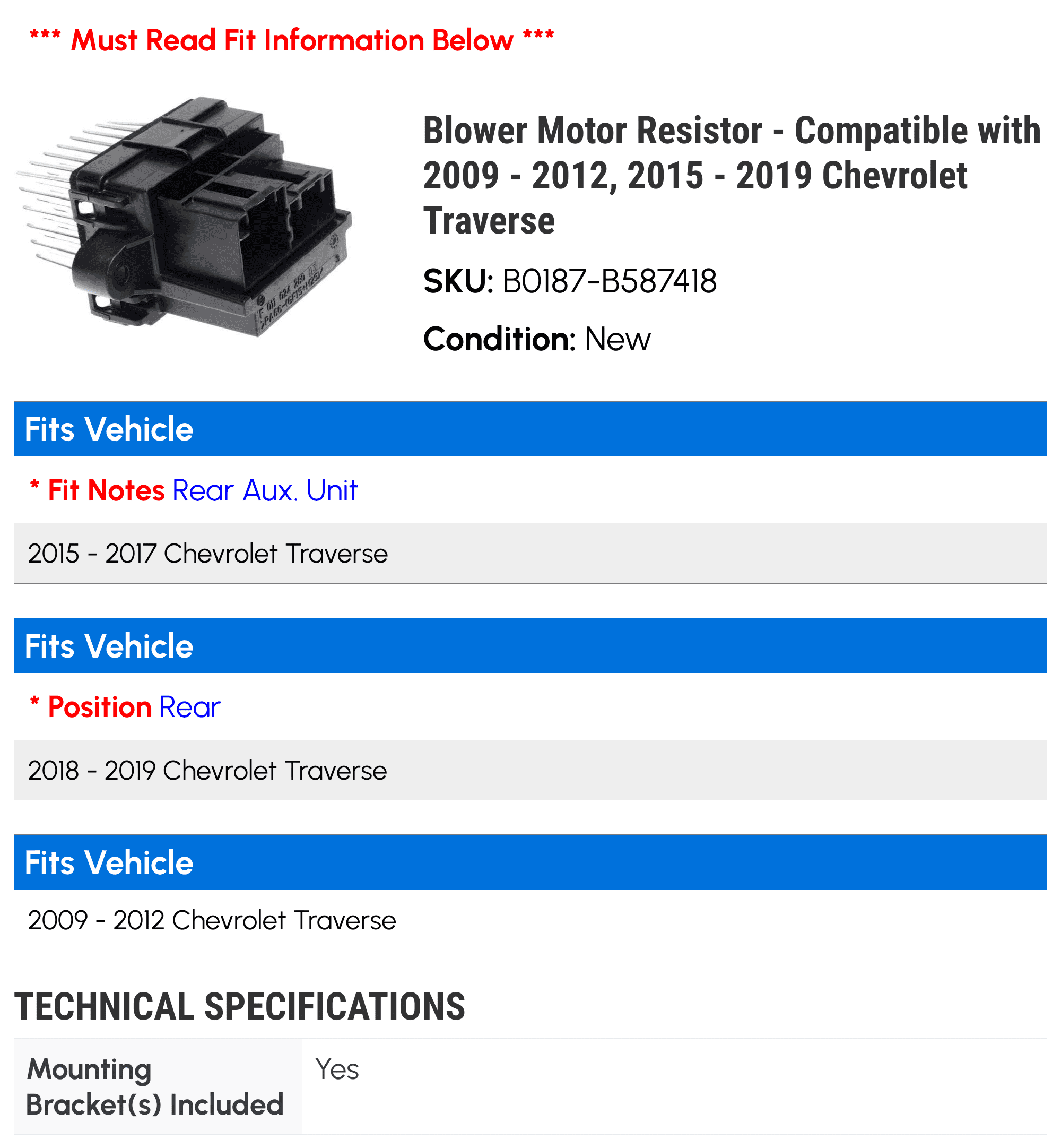 Blower Motor Resistor - Compatible with 2009 - 2012, 2015 - 2019 Chevy Traverse 2010 2011 2016 2017 2018