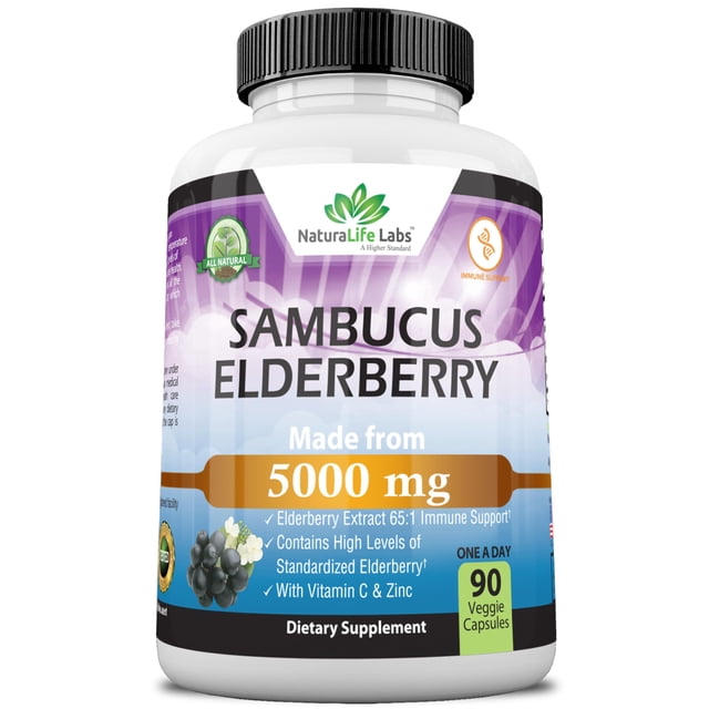 NaturaLife Labs Sambucus Elderberry 5,000 mg Super Concentrated 65:1 with Vitamin C & Zinc - 90 Day Supply - Sambucus Extract Immune Support, Immune Defense| Non-GMO | 90 Veggie Capsules